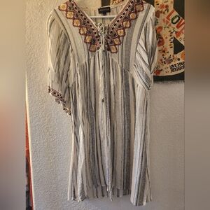 White and Black Striped Tunic with Embroidered Details